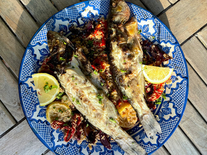 Whole Italian Baked Sea Bass with Roasted Vegetable Couscous