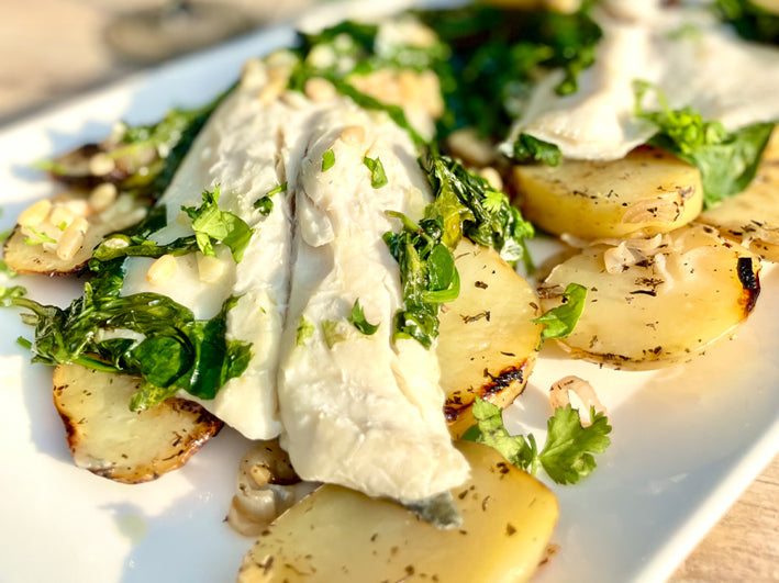 Parcel Grilled Pesto-Style Sea Bass Fillets and Crispy Potatoes