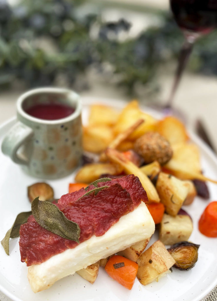 Roasted Halibut wrapped in Vegan Rasher with Roasted Root Vegetables