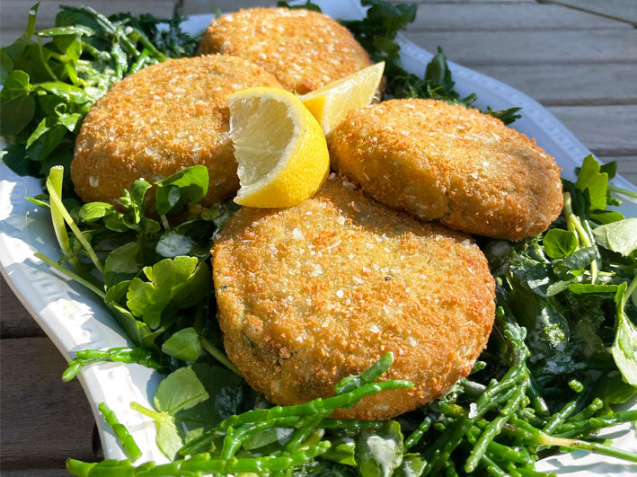 Made For You, Florentine Fishcakes served on a bed of Dressed Samphire and Watercress