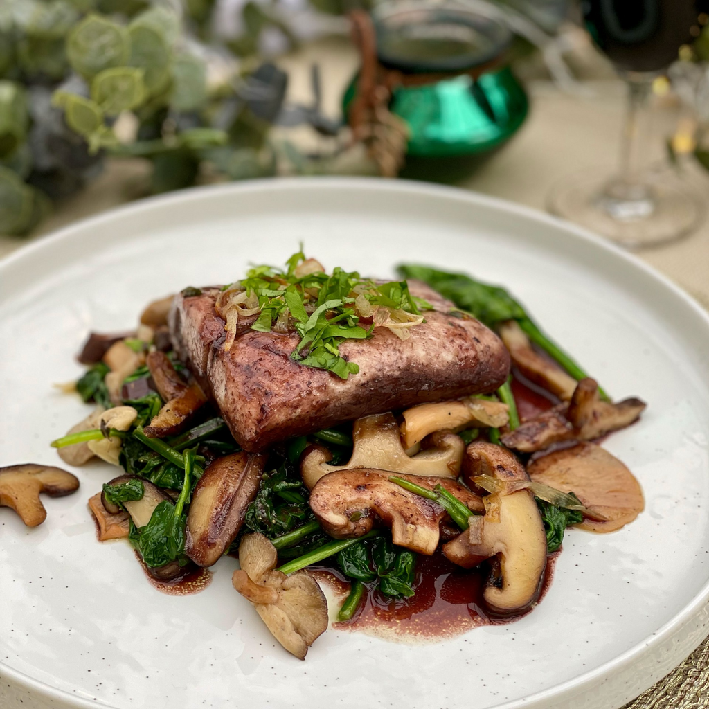 Red Wine Poached Halibut with Garlic Mushrooms and Red Wine Jus