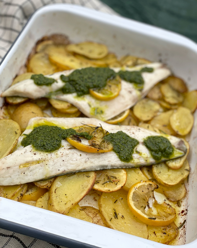 Sea Bass & Rosemary Potatoes Tray Bake with Salsa Verde