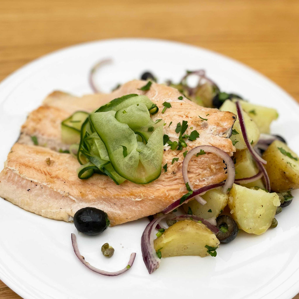 Baked Butterfly Trout with Norwegian Pickled Cucumber and Warm Potato Salad